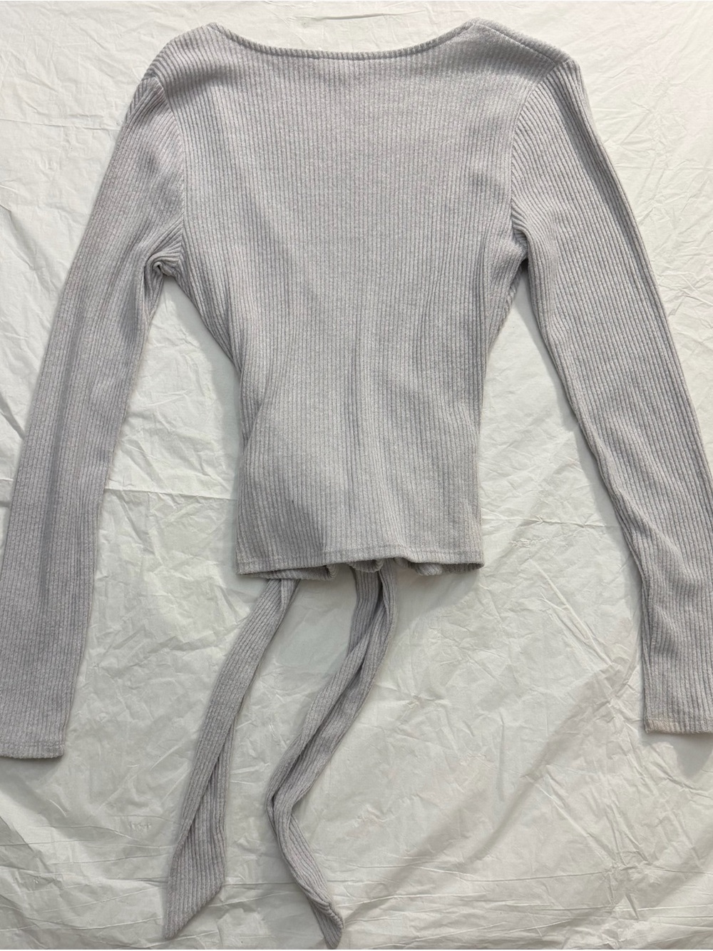 Express Light Gray Ribbed Wrap Tie-Front Long Sleeve Top - Picture 6 of 6